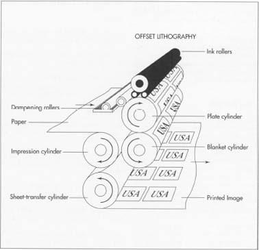 In offset lithography, a picture or design is first made photochemically on an aluminum plate. Once attached to the printing press, the plate is alternately bathed in ink and water: the photochemical image gets ink, while the non-image parts are dampened with water, which acts as a repellent to the ink and ensures that only the image will be transferred to the paper. Next, the plate presses against a rubber 'blanket,' which carries a reverse image of the final picture. In turn, the rubber blanket contacts the paper, producing the final positive image.