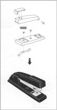 The pins, stampings, and springs are subassembled in stages and then assembled together with the upper and lower halves of the stapler frame. The last items to be assembled are the feet lanti-skid rubber pads) and the snap-on plastic cap.