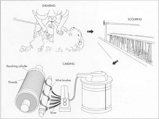 Wool manufacture begins with shearing the sheep. After grading and sorting, the fleece is scoured in a series of alkaline baths containing water, soap, and soda ash or a similar alkali. This process removes sand, dirt, grease, and dried sweat from the fleece. Next, the fleece is carded—passed through a series of metal teeth that straighten and blend the threads into slivers. Carding also removes residual dirt and other matter left in the fibers.