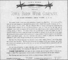 An advertising broadside from about 1800 notes thai 100,000 miles of barbed wire fencing was installed the year before, (from the collections of Henry Ford Museum & Greenfield Village.)