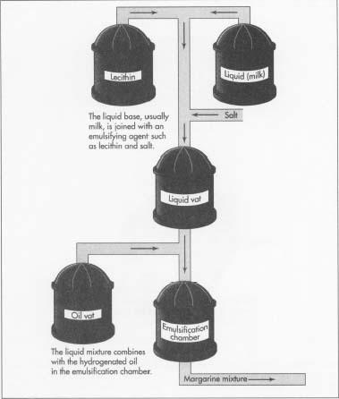 The continuous-How process is the most commonly used method in the manufacture of morgarine. If milk is used as the liquid base, it is joined with salt and an emulsifying agent in a chamber. An emulsifier works by decreasing the surface tension between the oil globules and the liquid mixture, thereby helping them form chemical bonds more easily. The result is a substance that is neither wholly liquid nor wholly solid.