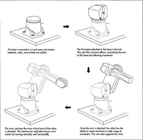 An industrial robot can contain 2,000 individual parts and is assembled by teams. These teams begin with the base, and assemble components into the robot until it is complete and ready for testing and finishing.