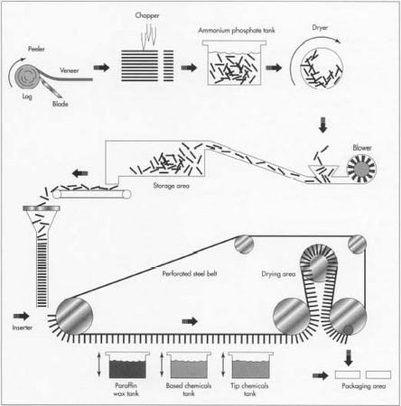 Stripped logs are placed in a peeler, which cuts a sheet about 0.1 in (2.5 mm) thick, called veneer, from the log. The veneer proceeds to the chopper, which cuts it into small sticks. The sticks are soaked in a dilute solution of ammonium phosphate and dried, removing splinters and crystallized solution. The matches are dumped into a feed hopper, which lines them up. A perforated conveyor belt holds them upside down while they are dipped in a series of three tanks. The matches are dried for 50-60 minutes before they are packaged.
