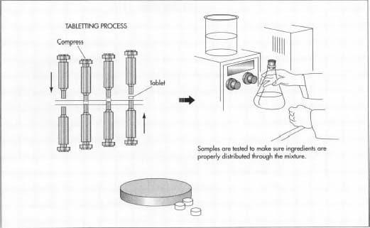 Once tested, the mixture is molded into tablet form and packaged.