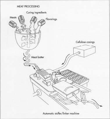 After the meat passes inspection, it is cut into small pieces and placed in a stainless steel mixing container. The container is equipped with high speed choppers, which can reduce the size of the meat pieces even further. The other raw materials including the curing ingredients, flavorings, and ice chips are blended in this container until a fine emulsion, or batter, is produced. The baiter is pumped into an automatic stuffer/linker machine, which stuffs the baiter into tube-shaped, cellulose casings.