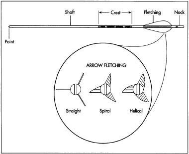 The arrow is typically made of wood and coated with polyurethane and paint. Trimmed feathers or plastic vanes are glued to the shaft between the cresting and the nock in a pattern that is parallel to the shaft, spiral (in a straight-line diagonal to the shaft), or helical (in a curve that begins and ends parallel to the shaft). An arrowhead is mounted on the shaft. The shape of the head is determined by the purpose for which the arrow will be used—target shooting or hunting specific types of animals.