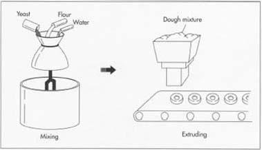 The premeasured flour mixture is mixed with the appropriate amount of wet ingredients The wet yeast slurry (for leavening) is mixed separately and carefully added to the flour-water mixture. Next, a large dough hook first mixes and then simulates the human kneading process, pulling and stretching, as it homogenizes the ingredients and develops the dough by forming the gluten into elongated and interlace fibers that form the basic structure of the doughnut. Once the yeast has had time to rise, the dough is loaded into a hopper that feeds the dough through an extruder. A cover is then placed on the machine and the machine is pressurized, forcing the dough into tubes that 'plop" out a pre-determined amount of dough into the desired shape—rings for conventional doughnuts and circles for doughnuts that are to be filled with jam or creme.