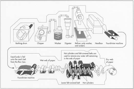 Most paper used in the manufacture of envelopes is derived from wood. The wood is mechanically or chemically processed to produce pulp that is then poured on mesh screening and squeezed through rollers to remove the moisture. The formed sheets of paper move through a series of heated cylinders that dry the paper further. The sheets are then wound on reels.