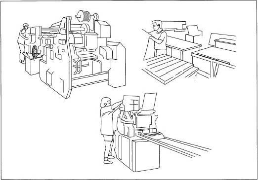 Rolls of paper, typically weighing 220 lb (100 kg), are either cut before they enter the automated machine that makes the envelopes, or fed directly into the machine from the roll. Once cut, the sheets are stacked and cut into blanks. A blank has the shape of an envelope with its flaps opened and laid flat. Blanks are generally shaped like diamonds and are cut from the sheets in such a way as to minimize waste. If the roll is fed directly into the machine, it cuts the paper into blanks very quickly with sharp blades. The machine also folds the blanks into envelopes at a very rapid pace. Strong glue is also applied to the places which will hold the envelope together. A weaker glue is applied to the flap that will be sealed by the consumer. The machine then folds the blank to form the envelope. The completed envelopes are filled in cardboard boxes and shipped to retailers.