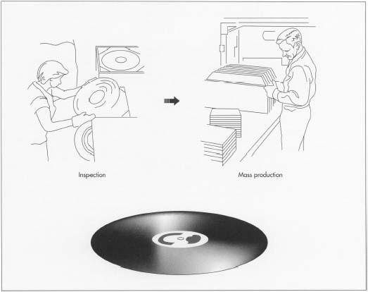 After the master disc is thoroughly inspected, a metal mold is formed from the metal master, and liquid nickel is poured into the mold to produce a nickel stamping record from each side of the metal master. These stampers are also electroplated with chromium in order to prevent scratching. The stampers are used to produce LPs from vinyl squares called biscuits.