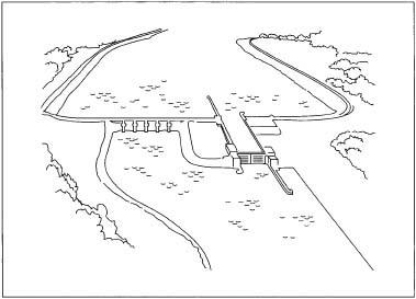 An aerial view of a canal and lock system.