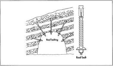 Roof bolts made of steel are secured to rock in order to support the top of the tunnel.