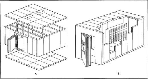 A. The modular panels of the vault. B. The finished vault with safe deposit boxes.