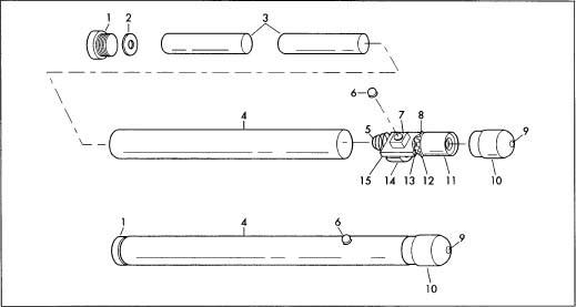 1. Cap. 2. Electrically insulative cushion ring. 3. Batteries. 4. Metal barrel. 5. Metal spring. 6. Button. 7. Switch. 8. Spring plate. 9. Laser hole. 10. Metal barrel. 11. Lens barrel. 12. Laser module. 14. Locating frame. 15. Electrically insulative plate.